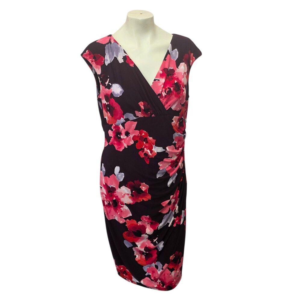 Lauren Ralph Lauren Floral Ruched Sheath Dress Pink Black Size 14